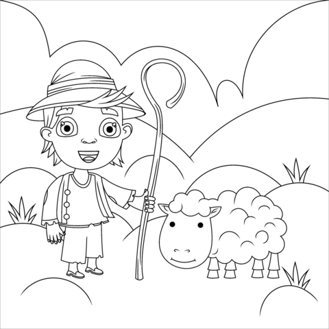 Shepherd With With A Sheep Coloring Page